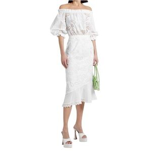 Saloni Grace White Broderie Anglaise Off Shoulder Midi Dress Cotton US 4